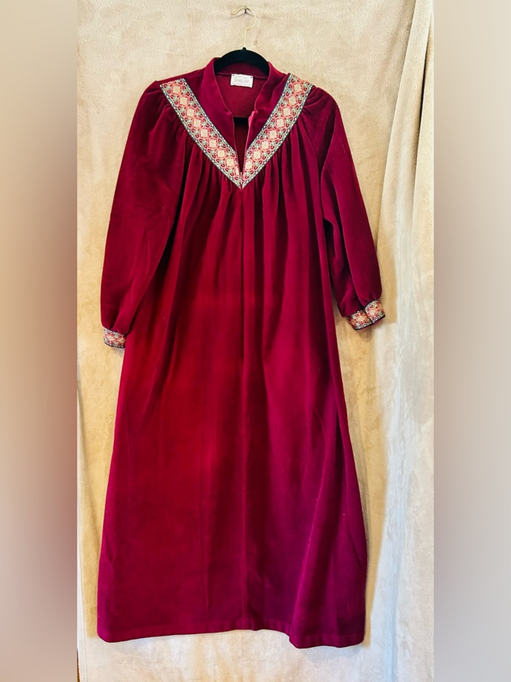 Vintage Vanity Fair Red Velour Nightgown Embroidered USA Long Sleeve S